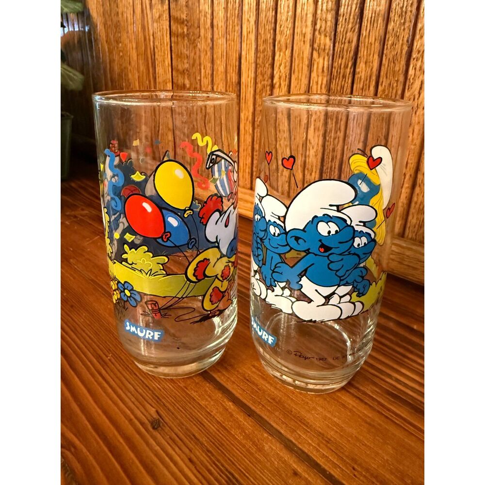 Vintage Smurfs Glasses Set • Smurfette & Clumsy Smurf Tumblers • 1980s Cartoon